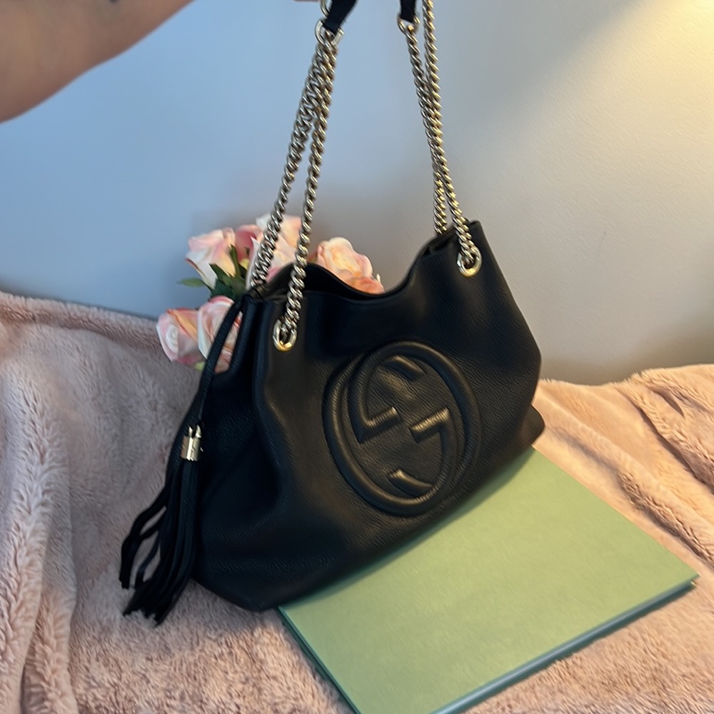Gucci Soho Chain Tote Shoulder Bag Black Leather pre loved